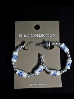 White & Blue Beaded Hoop Earrings Faux Porcelain and Pearls